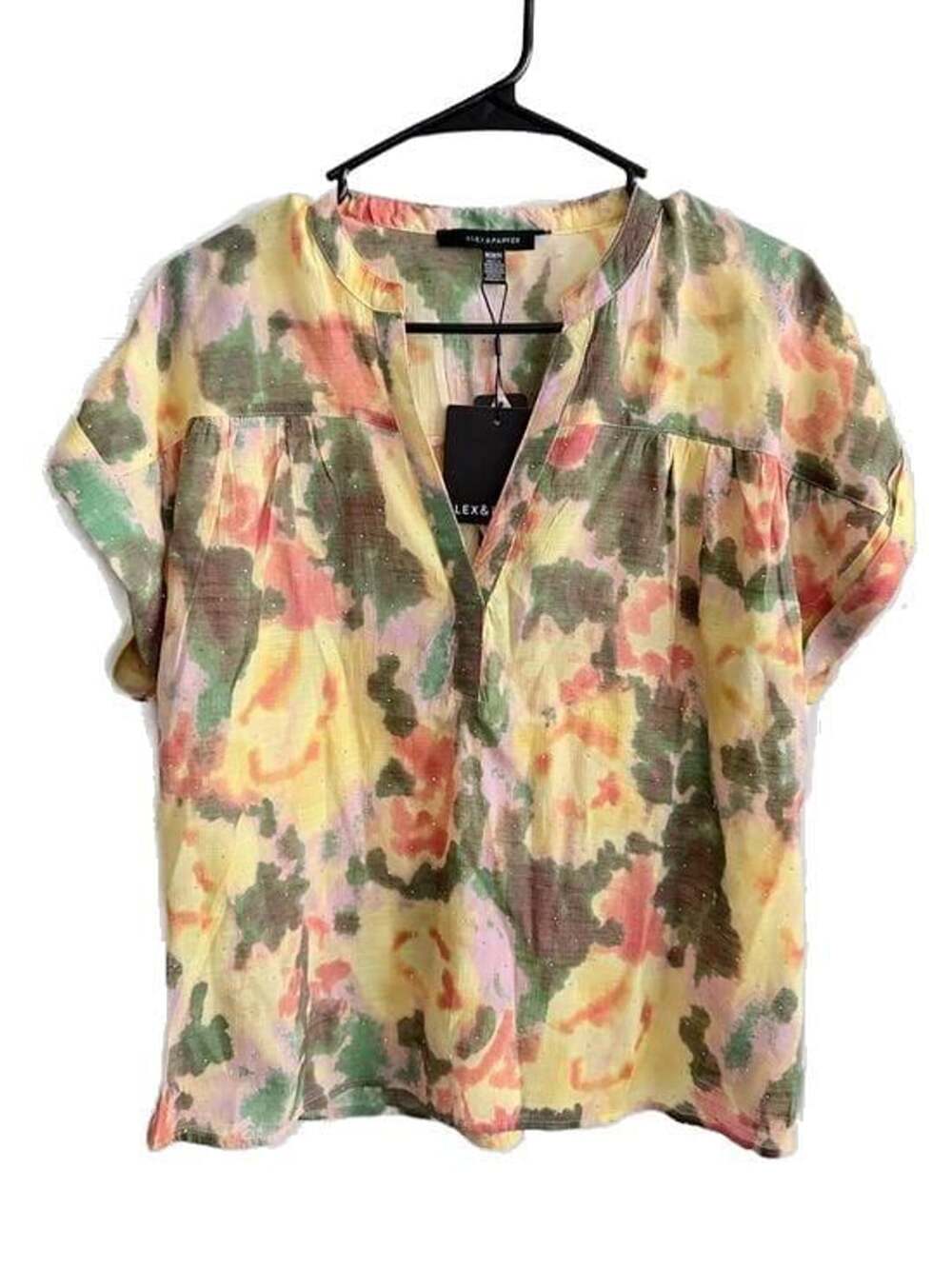 Alex & Parker Watercolor Floral Split V-Neck Short Sleeve Blouse NWT size M